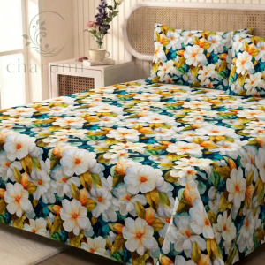 Charunir Exclusive Digital Collection Super King Size Satin Soft Cotton Bedsheet - Lvory Meadow